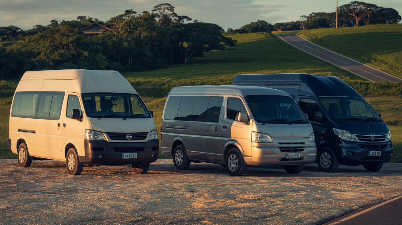 Fila de vans e micro-ônibus de fretamento estacionados, com estrada e colinas ao fundo