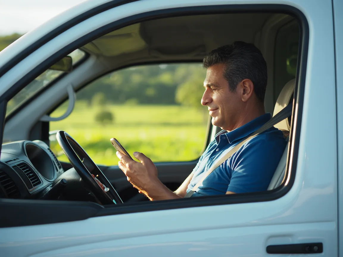 Gestor de frota olhando o celular dentro da van, recebendo o aviso do NX Frota